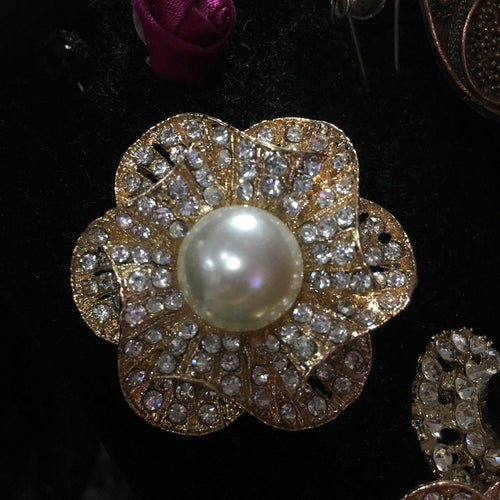 Gold Flower Brooch with Silver Rhinestones